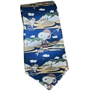 Peanuts Necktie Snoopy & Woodstock Fishing Vintage Novelty Cartoon 100% Silk